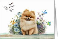 Blank Note Card with a Golden Pomeranian Sitting in Flowers and Birds card