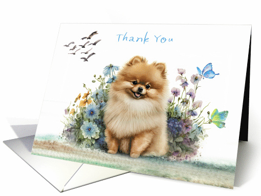 Thank You with a Golden Pomeranian Sitting in Flowers and Birds card