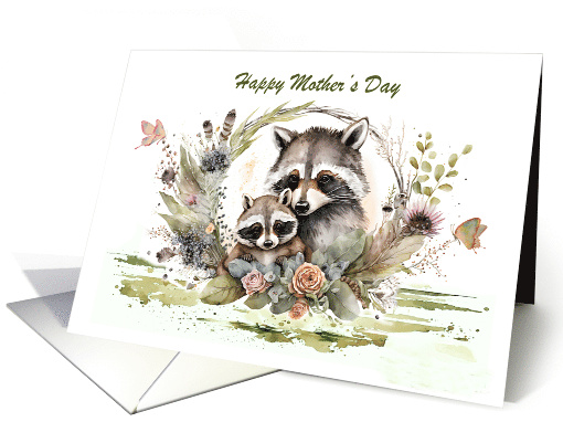 Mother's Day with a Raccoon and her Baby Surrounded by Flowers card