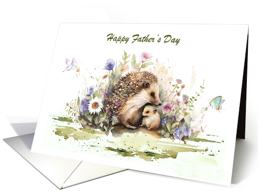 Father's Day with a Hedgehog and his Baby Surrounded by Flowers card
