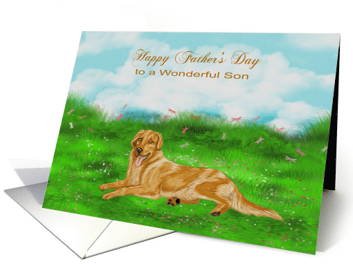 Father's Day to Son with a Golden Retriever Relaxing in a Meadow card