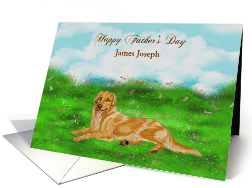 Father's Day Custom Name a Golden Retriever Relaxing in a Meadow card