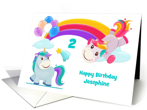 Birthday Custom Name and Age with Happy Unicorns Under a Rainbow card