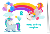 Birthday Custom Name and Age with Happy Unicorns Under a Rainbow card