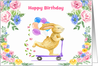 Birthday with a Rabbit Riding a Purple Scooter Surrounded by Flowers card