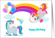 Birthday with Happy Unicorns Under a Rainbow and Colorful Balloons card