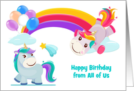 Birthday from All of Us with Unicorns Under a Rainbow and Balloons card