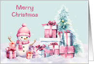 Christmas with a Cute Snowman Surrounded by Presents and Snow card