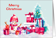 Christmas with a Cute Snowman Surrounded by Presents and Snow card