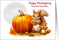 Thanksgiving Custom Name with a Cute Squirrel and Baby by a Pumpkin card