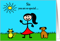 Birthday to Sister Humor with a Stick Female and Her Pets card