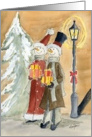 Snowman couple bringing christmas gifts card