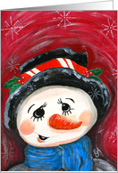 A Snowman in the snowfall at christmas night card