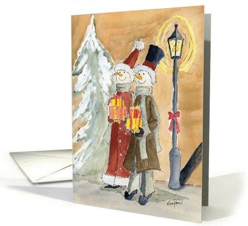 Snowman couple bringing christmas gifts card (1352890)