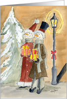 Snowman couple bringing christmas gifts card