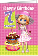 7th Birthday Card Pretty Trendy Little Girl And Cake card