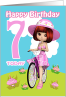 7th Birthday Card Pretty Little Girl On A Bicycle With Cupcake Flowers card