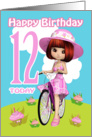 12th Birthday Card Pretty Little Girl On A Bicycle & Cupcake Flowers card