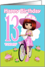 13th Birthday Card Pretty Little Girl On A Bicycle & Cupcake Flowers card