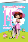 14th Birthday Card Pretty Little Girl On A Bicycle & Cupcake Flowers card