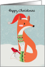 Fox In Christmas Hat With Cardinal Bird card