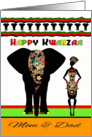 Happy Kwanzaa, Mom and Dad Tribal design with Elephant and Female card