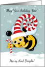 Honey Bee With Fun Holiday Hat And Candy Cane card