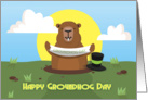 Groundhog day greeting card with groundhog holding a banner card