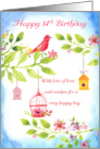 14th Birthday Little Birds With leaves and flowers, cute watercolor card