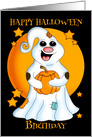 Birthday Happy Halloween Ghost, With Pumpkin and Stars card