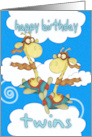 Twin Birthday Card With Flying Giraffe’s, Giraffe Greeting Card For T card