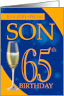 Son 65th Birthday In Blue And Orange With Champagne card