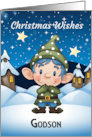 Godson Little Christmas Elf Dressed in Blue with Little Houses card