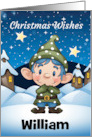 Custom Name Little Christmas Elf Dressed in Blue with Little Houses card