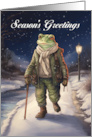 Season’s Greetings Vintage Style Winter Frog Walking Down a Lane card