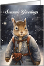 Season’s Greetings Vintage style Winter Squirrel Walking Down a Lane card