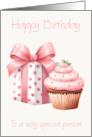 Happy Birthday to a Very Special Person Pink Gift Box and Cupcake card