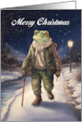 Merry Christmas Vintage Style Winter Frog Walking Down a Lane card