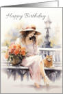 Happy Birthday with Stylish Parisian Style Female and Cat card