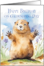 Birthday on Groundhog Day a Cute Groundhog Waving card