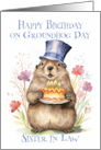 Sister In Law Birthday on Groundhog Day a Cute Groundhog and Cake card