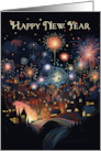 New Year Celebration with a Town and Fireworks card