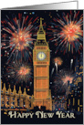 New Year Celebration with Big Ben Closeup and Fireworks card