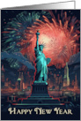 New Year Celebration with The Statue of Liberty and Fireworks card