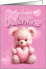 Sweet Valentine Bear Holding a Heart Pillow on a Pink Background card