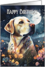 Happy Birthday with Yellow Labrador and Flowers on a Moonlit Night card