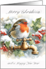 Robin Sitting on a Brass Tap Winter Berries and Snow Christmas card