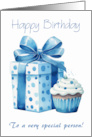 Happy Birthday to a Very Special Person Blue Gift Box and Cupcake card