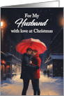 Gay Husband Christmas Under a Red Umbrella with a Snowy Sidewalk card