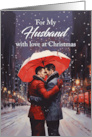 Gay Husband Christmas Under a Red Umbrella with a Snowy Scene card